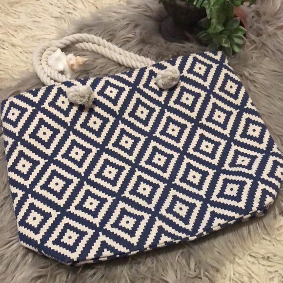 HP🎉Summer & Rose Cotton Tote with Rope Handles-Denim Blue&Cream Print-18x13x5 - Picture 10 of 16